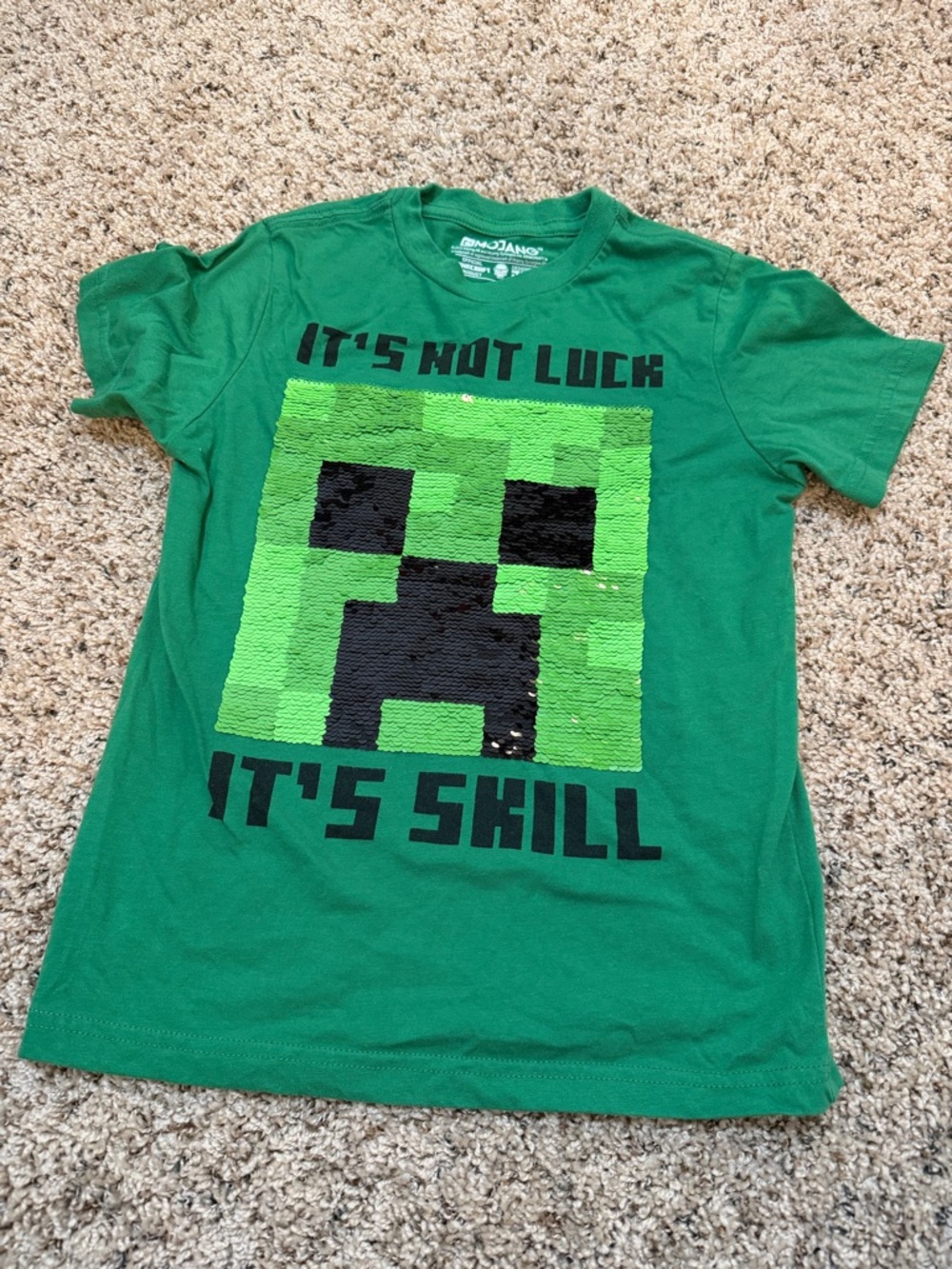 Boys Green Minecraft Flipping Sequin Tee - It's Not Luck It's Skill